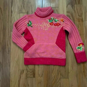 Cakewalk Kids Bubble Gum Pink Floral Embroidered Kids Turtleneck Sweater size 10